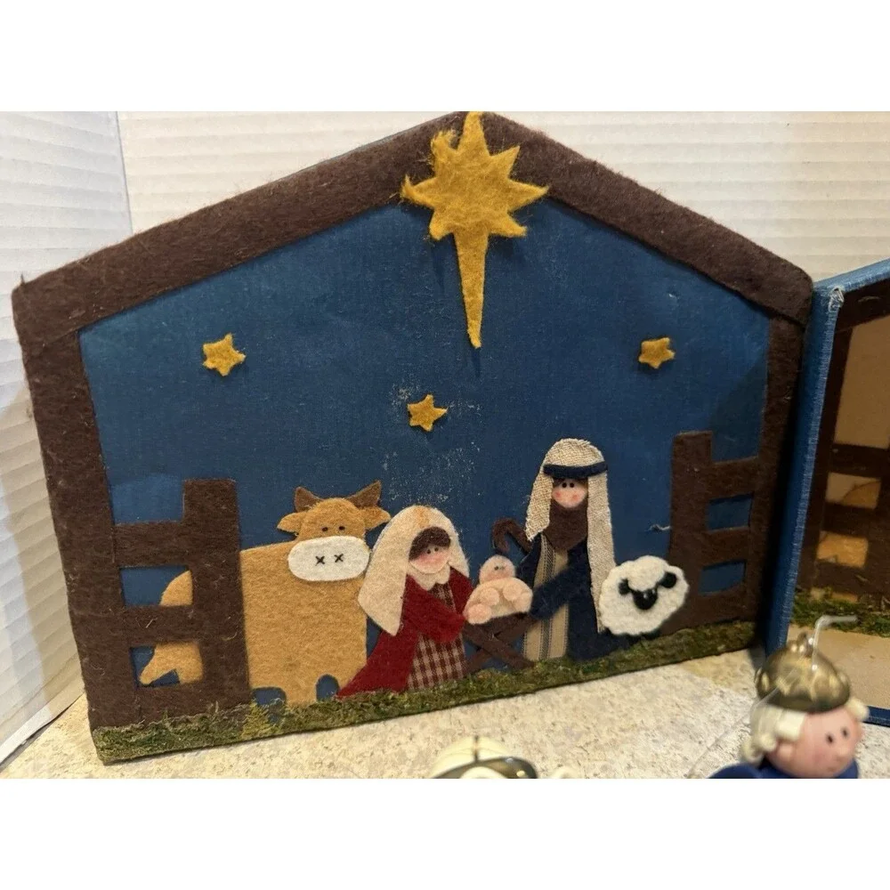 Handmade Nativity Ornament Set 7pc w/ Felt Stable Boxes Wise Men Mary BAF 2004